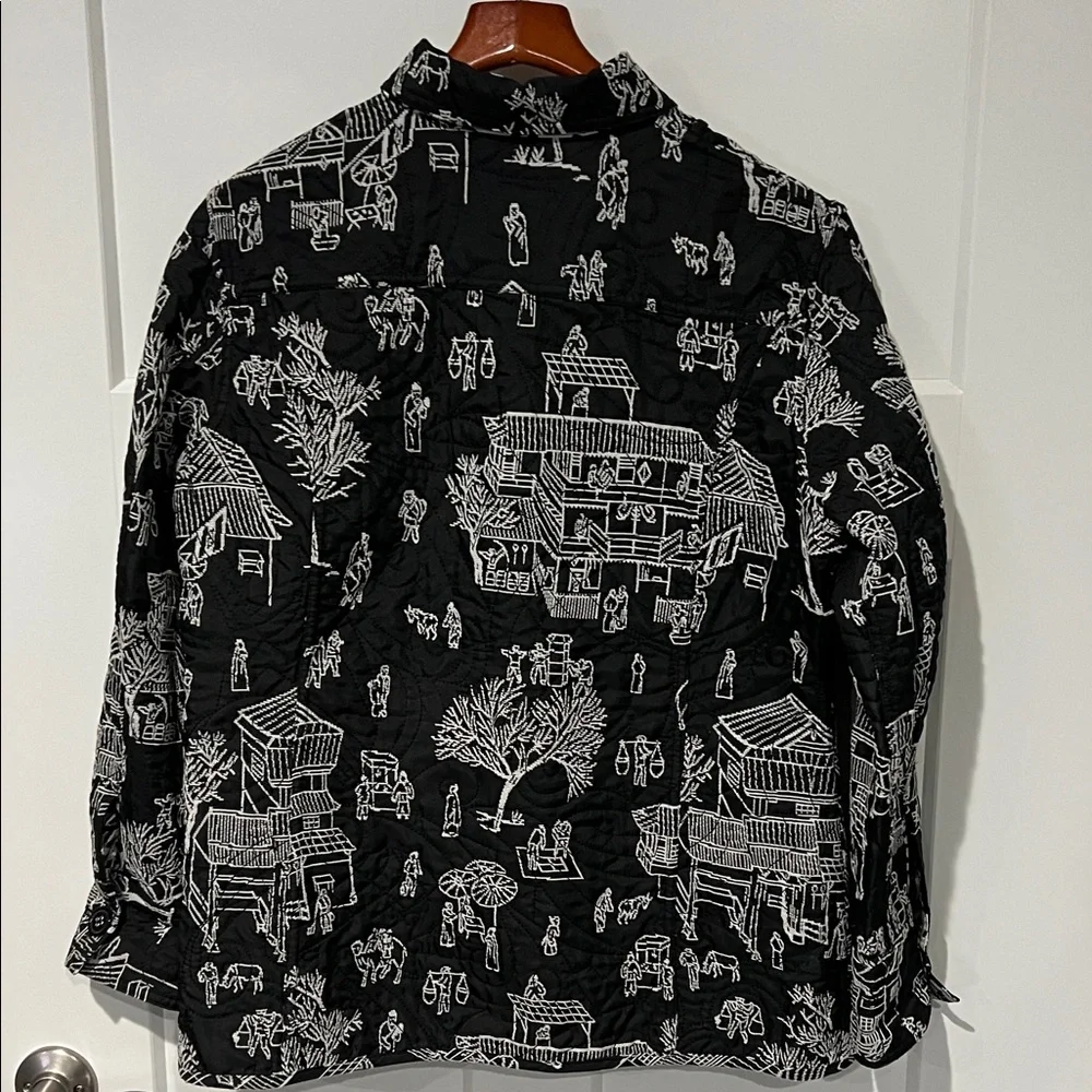 Chicos Pagoda Asian Black White Silk Blend Reversible Embroidered Jacket Sz 2/L
